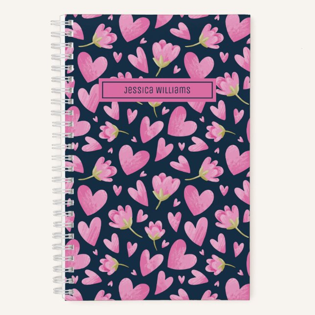 Carnet Motif floral à l'aquarelle avec un cœur rose migno (Recto)