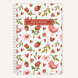 Carnet Motif floral aquarelle vintage roses rouges oiseau