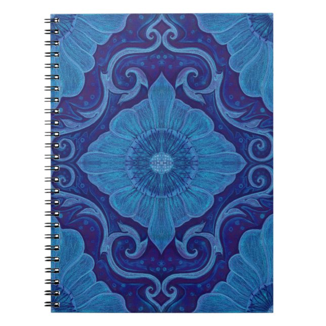 Carnet motif floral arabesque "fleurs bleues" (Devant)