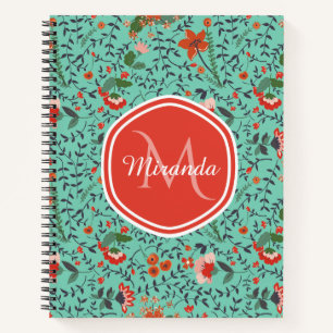 Carnet Motif floral en Monogramme Turquoise et orange et 