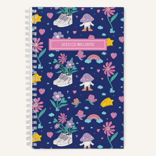 Carnet Motif floral girly de fleurs gribouillées rétro mi