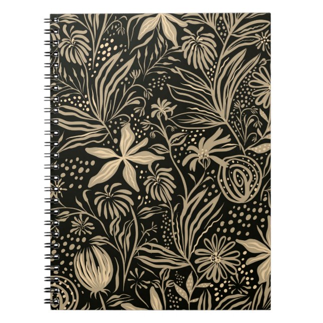 Carnet Motif floral paresseux en or sur fond noir  (Devant)
