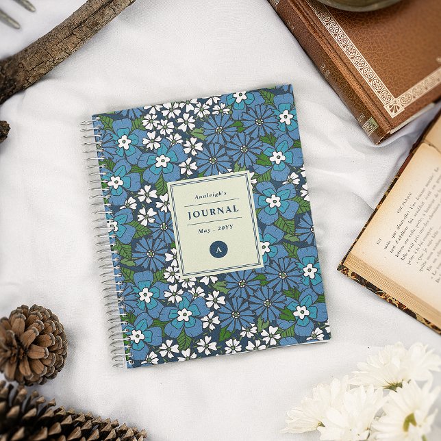 Carnet Motif Floral Rétro Bleu Monogramme (Créateur téléchargé)
