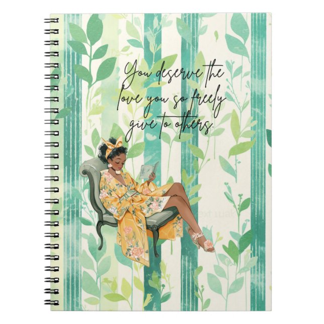 Carnet Motif Floral vert Fille noire Lecture de l'écrivai (Devant)