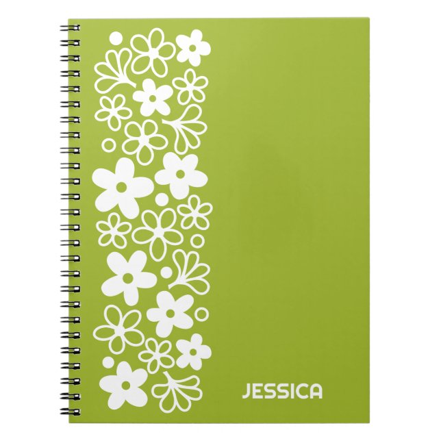 Carnet Motif fou de marguerite en vert printemps avec nom (Devant)