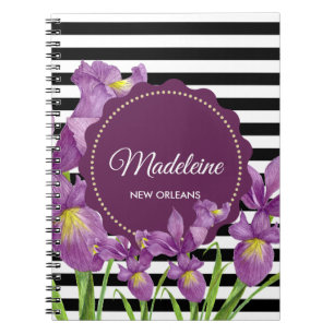 Carnet Motif Iris Botanique Noir Blancs Violet