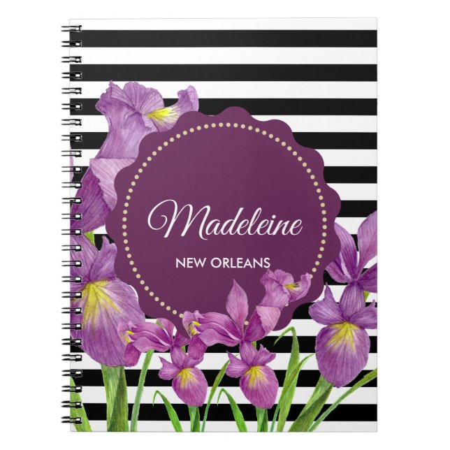 Carnet Motif Iris Botanique Noir Blancs Violet (Devant)