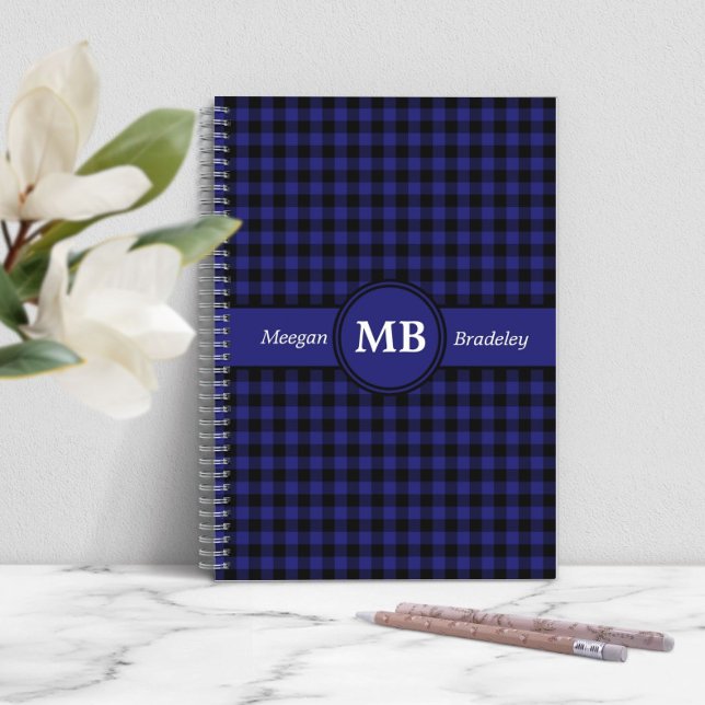 Carnet Motif moderne Monogram Blue Plaid (Modern Blue Plaid Monogram Notebook)