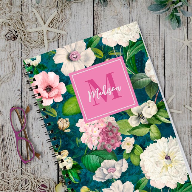 Carnet Motif monogramme vert fleuri et rose (Créateur téléchargé)