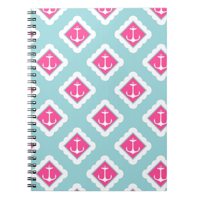 Carnet Motif nautique en bon état d'Ancres bleues, roses, (Devant)