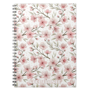 Carnet Motif Sakura en fleurs de cerises roses sur blanc 
