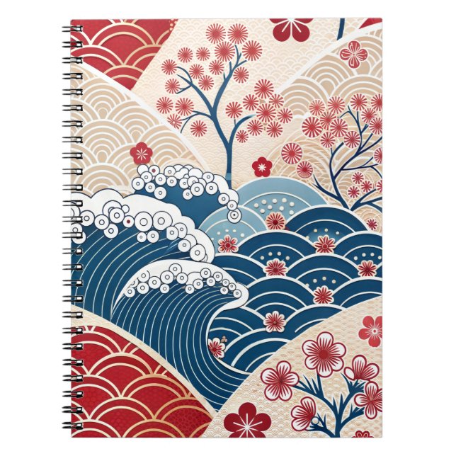Carnet Motif traditionnel rouge bleu vague japonaise Saku (Devant)