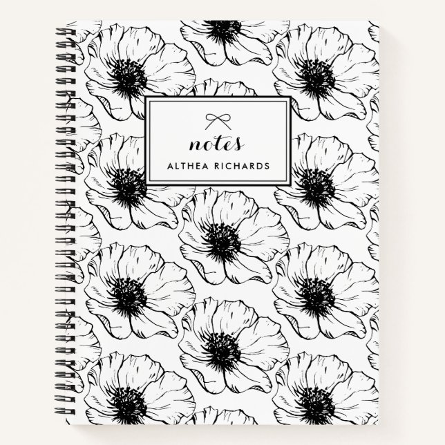 Carnet Motif vintage d'anémones noir et blanc (Devant)