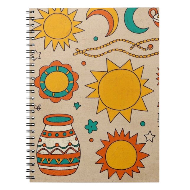 Carnet Motifs bohèmes ludiques Soleils et lunes dessinés  (Devant)