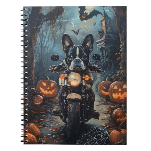 Carnet Moto à cheval Boston Terrier Halloween effrayant (Devant)