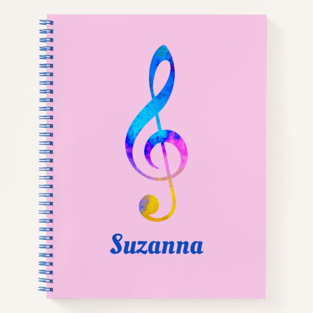 Carnet Musical Rainbow Swirl Treble Clef et nom rose (Devant)