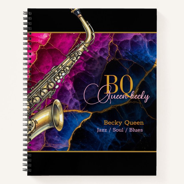 Carnet Musicien moderne, Jazz Saxophone Or, Monogramme (Devant)