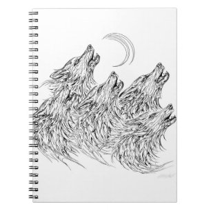 Carnet Mystical Black White Howling Wolves Art