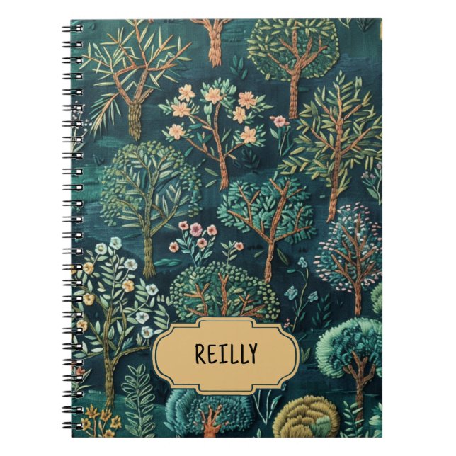 Carnet Nature Brodée verte Fleurs Arbres Floral (Devant)