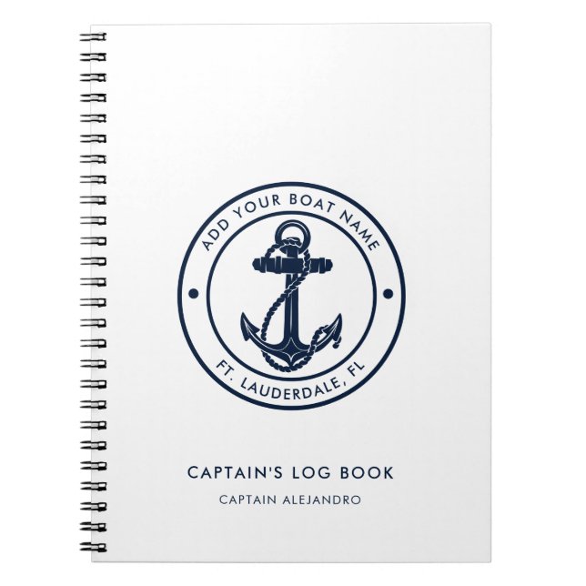 Carnet Nautical Boat Name Navy Blue Anchor Captain's Log (Devant)