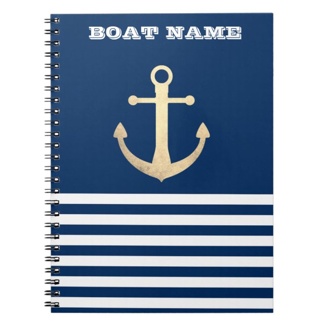 Carnet Nautical, Gold Anchor Navy Blue Striped (Devant)
