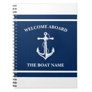 Carnet Nautical Navy Blue Welcome Aboard Nom du bateau An