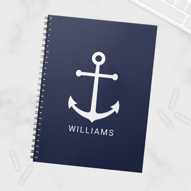Carnet Nautical White Anchor and Custom Nom on Navy Blue (Créateur téléchargé)