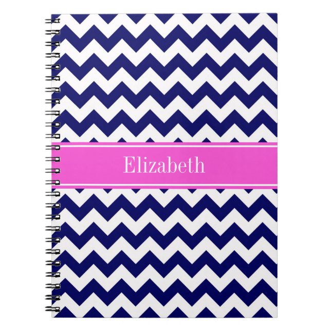 Carnet Navy Blue Wht Chevron Hot Pink Nom Monogramme (Devant)