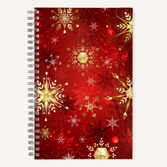 Carnet Noël Golden Snowflakes sur Arrière - plan rouge (Recto)