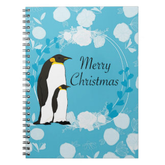 Carnet noël, noël, pingouin, fleurs, bleu,