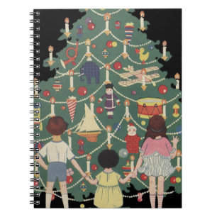 Carnet Noël vintage Enfants autour d'un arbre décoré