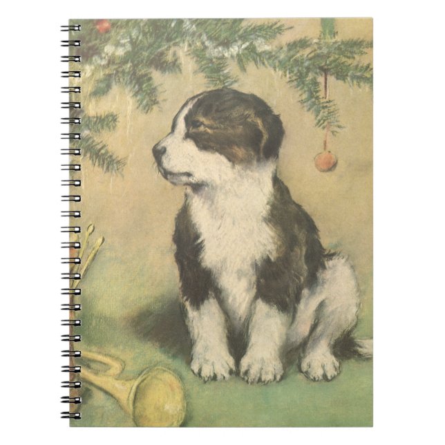 Carnet Noël Vintage, Joli Chiot Sous Arbre De Noël (Devant)