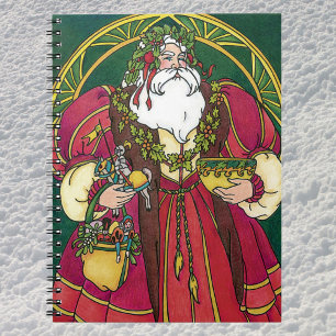 Carnet Noël vintage, Père Noël avec feuilles de houx