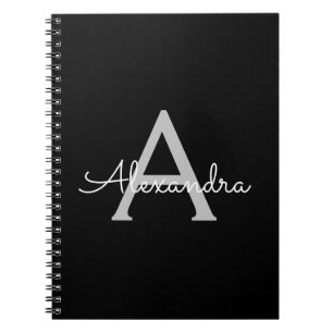Carnet Noir Argent moderne Script Girl Monogramme Nom