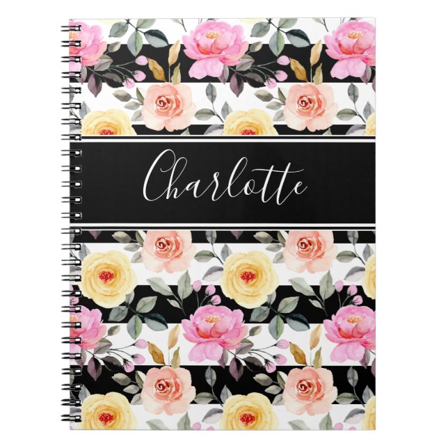 Carnet Noir Blanc Blush Jaune Rose Floral Nom du script (Devant)