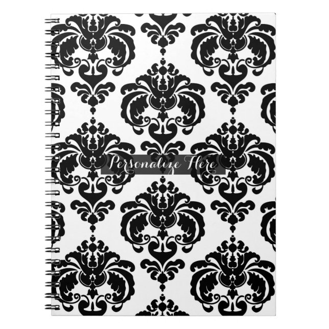 Carnet Noir & Blanc Damask Chic Moderne Motif élégant (Devant)