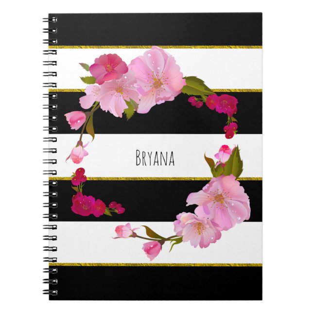 Carnet Noir blanc et or Moderne Floral Chic Glam (Devant)