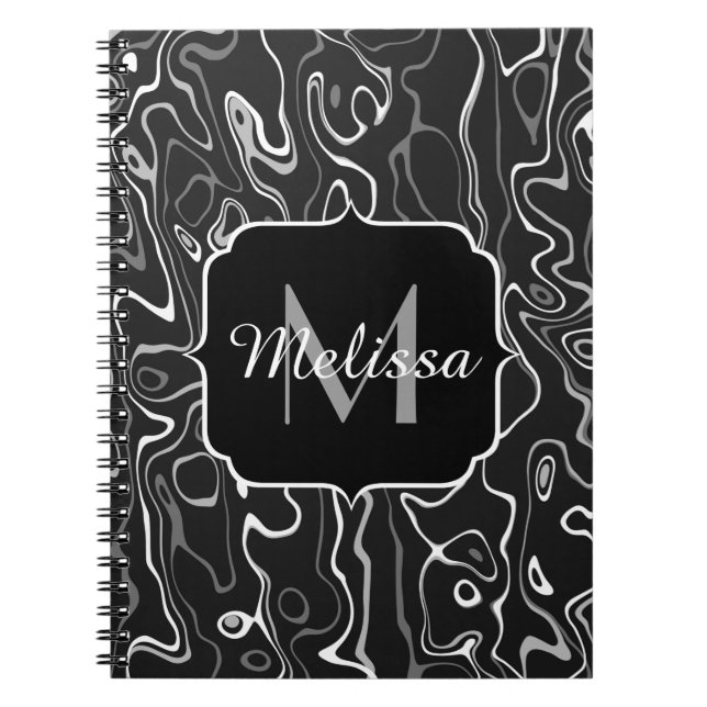 Carnet Noir blanc gris damas tourbillons abstraits Monogr (Devant)