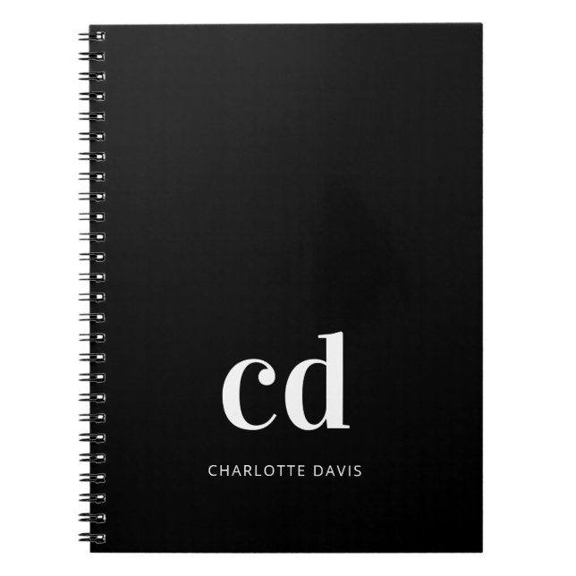 Carnet Noir blanc initiales monogramme moderne personnali (Devant)