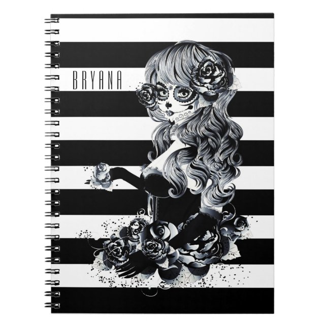 Carnet Noir & Blanc Striped Joli Crâne de sucre fille (Devant)