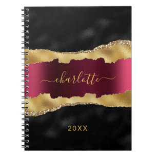 Carnet Noir bordeaux or agate marbre nom script