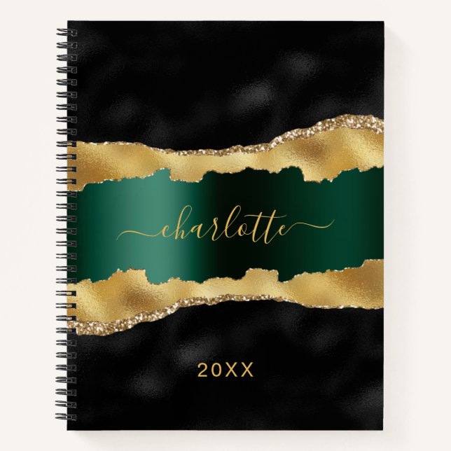 Carnet Noir émeraude vert or agate marbre nom script (Devant)