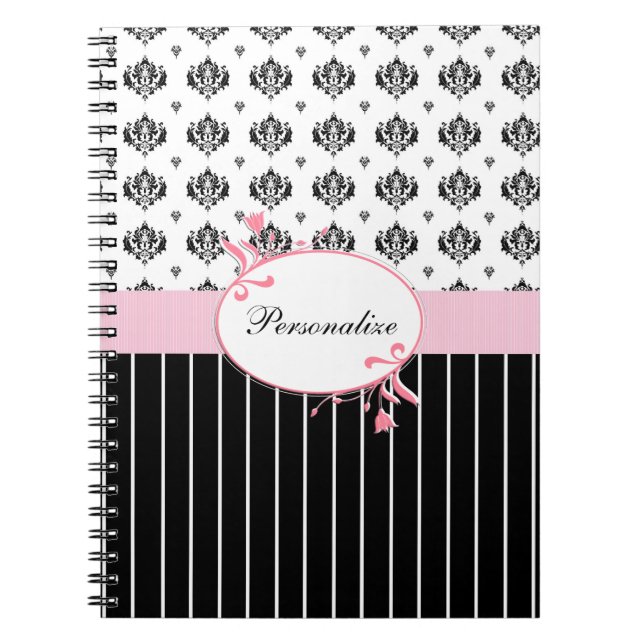 Carnet Noir Et Blanc Damas Chic Rose Floral Avec Nom (Devant)