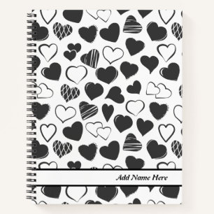 Carnet Noir et Coeur Blanc moderne Nom personnalisable