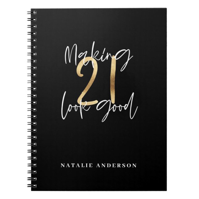 Carnet Noir et or 21e anniversaire script moderne design (Devant)