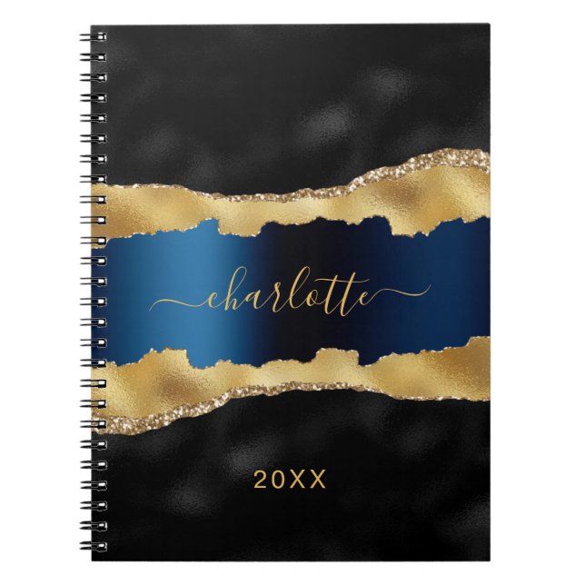 Carnet Noir marine bleu or agate marbre nom script (Devant)