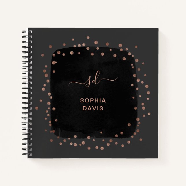 Carnet Noir moderne avec points d'or Rose Faux (Devant)