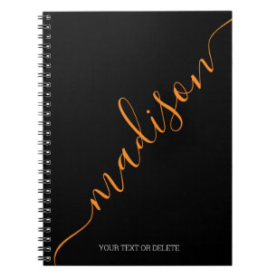 Carnet Noir moderne Nom Orange Monogramme Initial