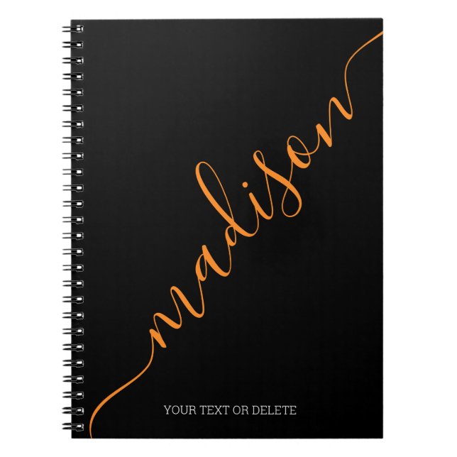 Carnet Noir moderne Nom Orange Monogramme Initial (Devant)