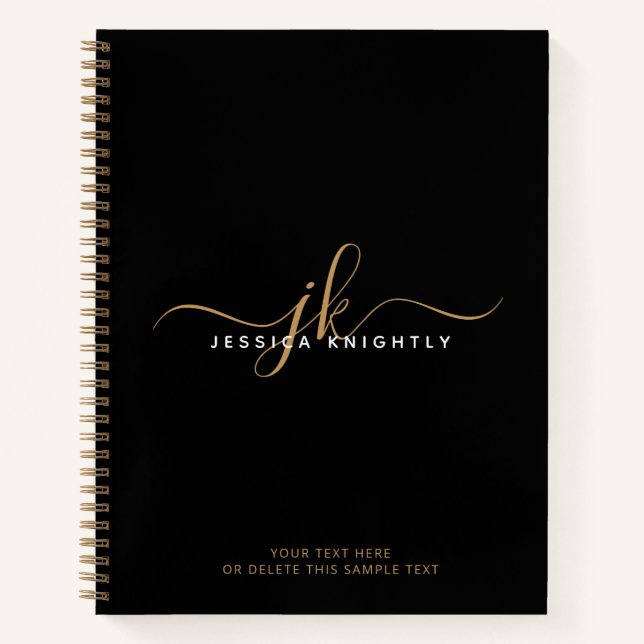 Carnet Noir moderne Script Monogramme Initiales Nom (Devant)